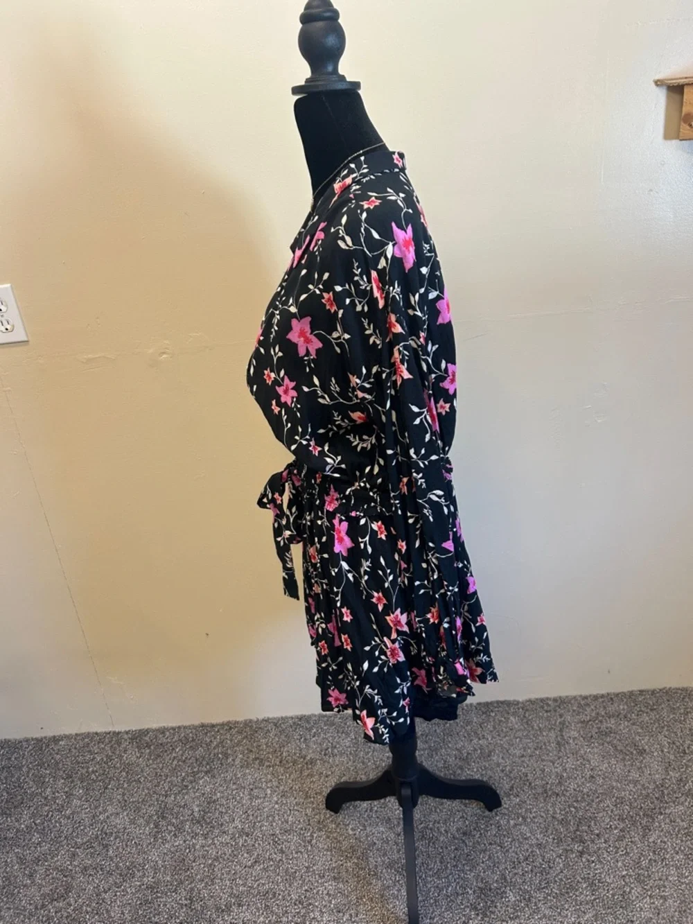 Free People Black Floral Button-Front Long Sleeve Dress with Pink Flowers - Picture 2 of 6